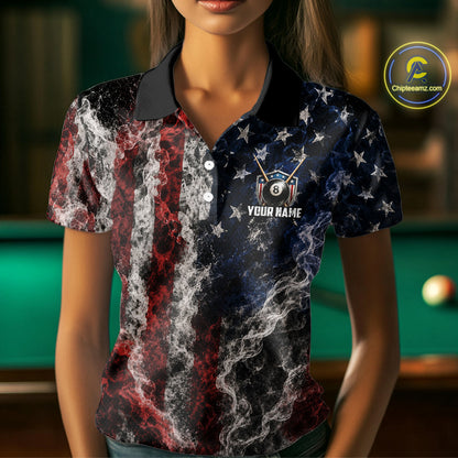 Custom Grunge Smoke US Flag 8 Ball Billiard Shirts for Women Billiard Team Jerseys Billiard League NNT276
