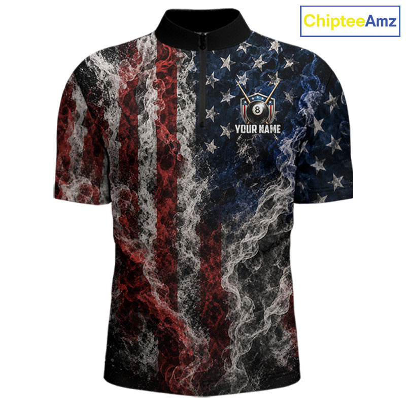 Custom Grunge Smoke US Flag 8 Ball Billiard Shirts for Men Billiard Team Jerseys Billiard League NNT276