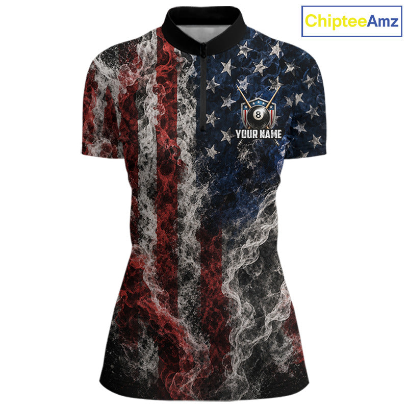 Custom Grunge Smoke US Flag 8 Ball Billiard Shirts for Women Billiard Team Jerseys Billiard League NNT276