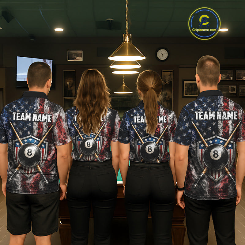 Custom Grunge Smoke US Flag 8 Ball Billiard Shirts for Men Billiard Team Jerseys Billiard League NNT276