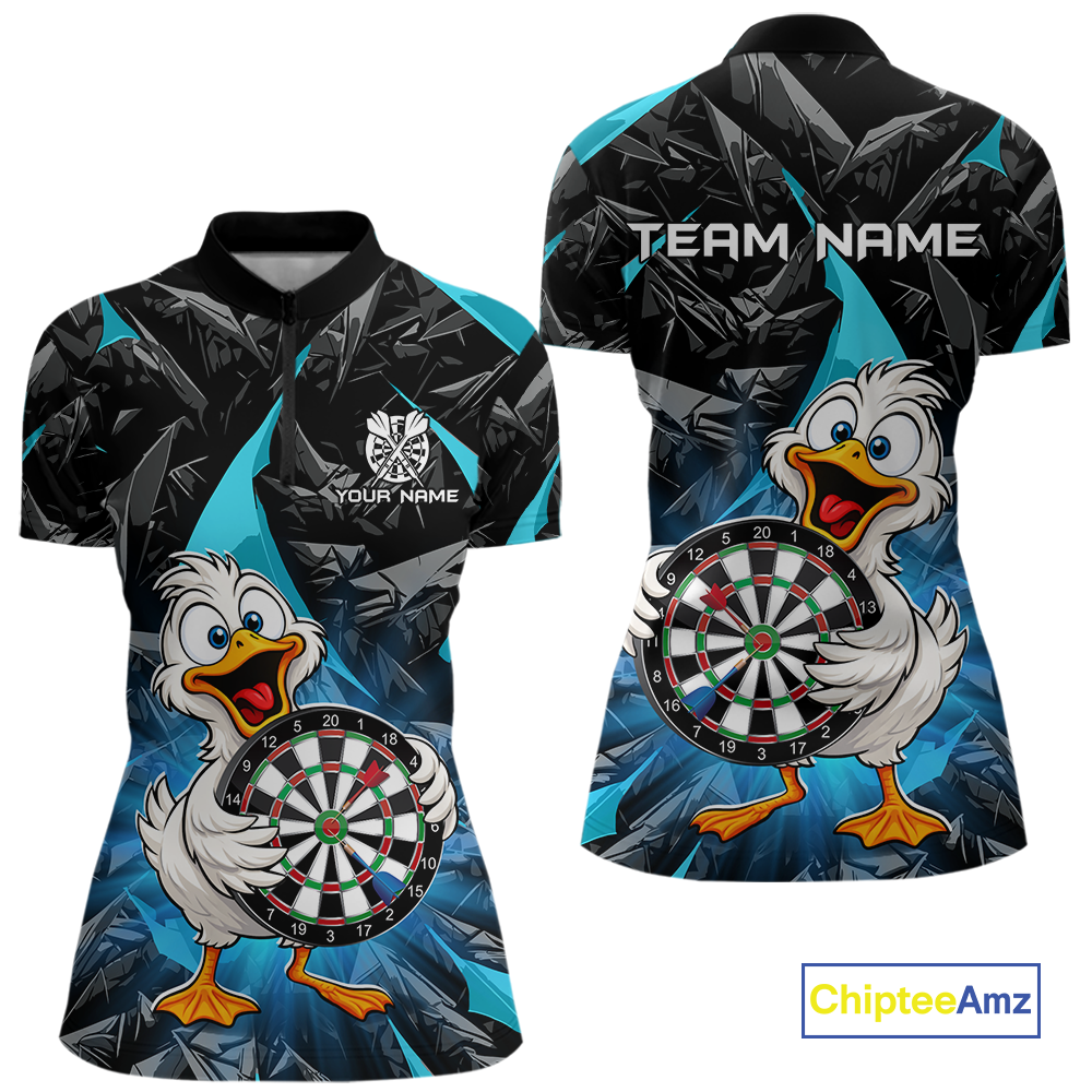 Custom Turquoise Duck Funny Dart Shirt Dart Team Jersey for Women Dartboard Polo & 1/4Zip NNT167