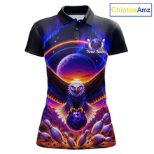 Load image into Gallery viewer, Front views of a black bowling polo with a eagle, glowing planet backdrop, bowling pins, and custom player name text.