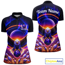 Load image into Gallery viewer, Front and back views of a black bowling quarter zip with a eagle, glowing planet backdrop, bowling pins, and custom team and player name text.