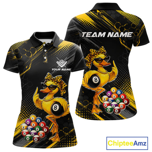 Front and back billiards polo shirt featuring a duck holding an eight ball with pool balls arranged across a black yellow background.