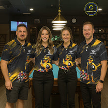 Load image into Gallery viewer, Four people wearing billiards polo shirt featuring a duck holding an eight ball with pool balls arranged across a black yellow background.