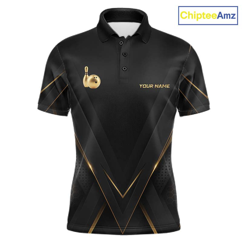 Custom Black Gold Bowling Jersey for Men Bowling Team Shirts Polo & 1/4 Zip Bowling League HNT474