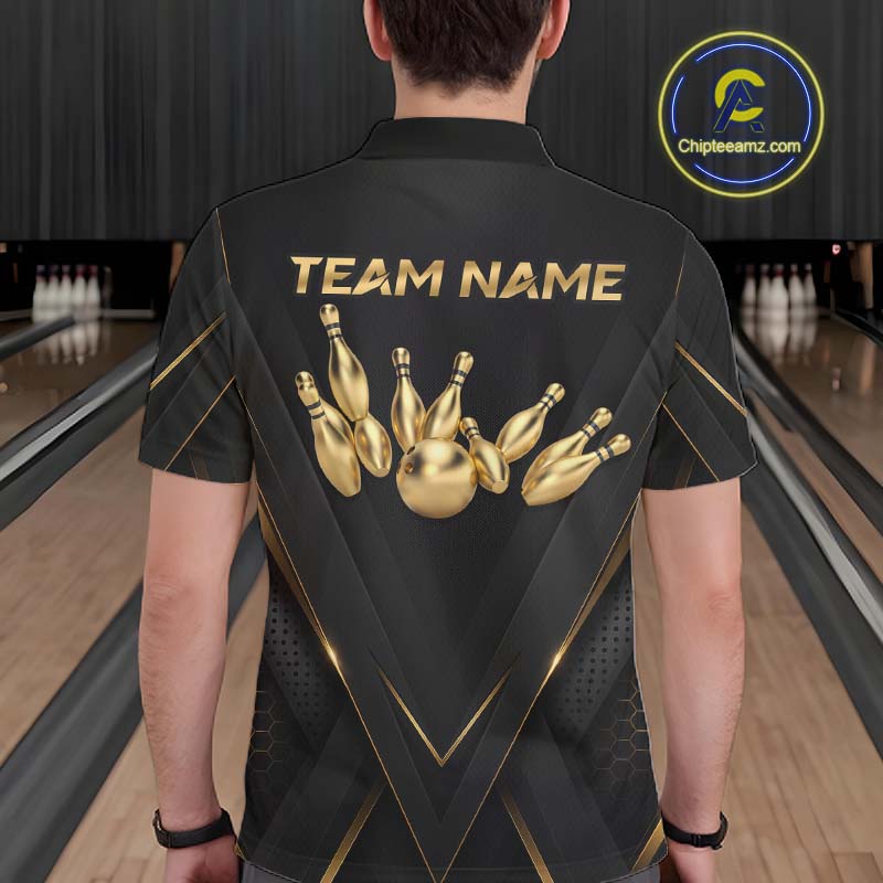 Custom Black Gold Bowling Jersey for Men Bowling Team Shirts Polo & 1/4 Zip Bowling League HNT474