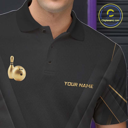 Custom Black Gold Bowling Jersey for Men Bowling Team Shirts Polo & 1/4 Zip Bowling League HNT474