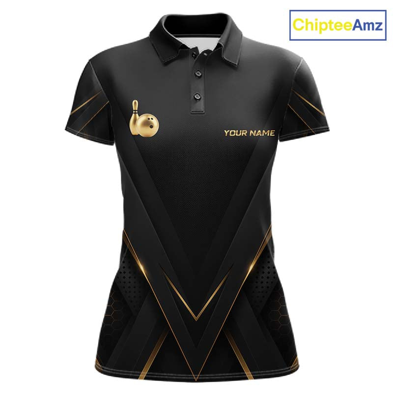 Custom Black Gold Bowling Jersey for Women Bowling Team Shirts Polo & 1/4 Zip Bowling League HNT474