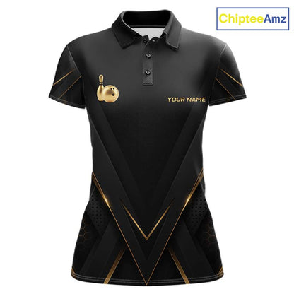Custom Black Gold Bowling Jersey for Women Bowling Team Shirts Polo & 1/4 Zip Bowling League HNT474