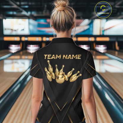 Custom Black Gold Bowling Jersey for Women Bowling Team Shirts Polo & 1/4 Zip Bowling League HNT474
