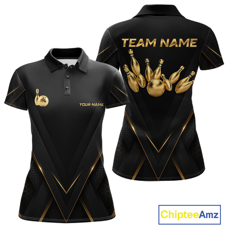 Custom Black Gold Bowling Jersey for Women Bowling Team Shirts Polo & 1/4 Zip Bowling League HNT474