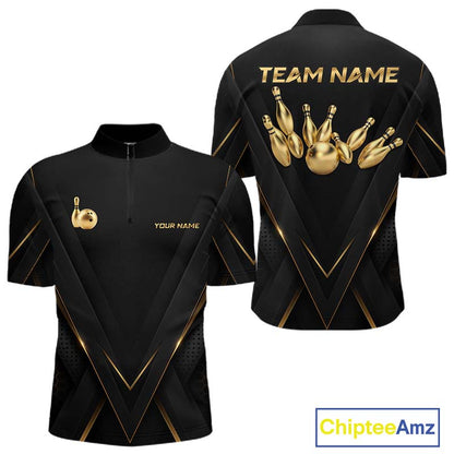 Custom Black Gold Bowling Jersey for Men Bowling Team Shirts Polo & 1/4 Zip Bowling League HNT474