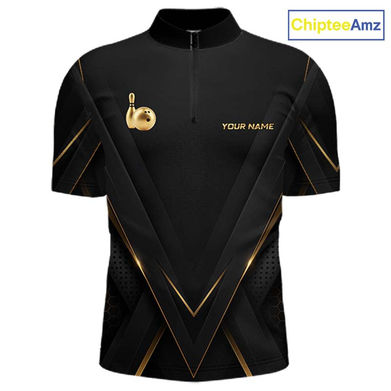 Custom Black Gold Bowling Jersey for Men Bowling Team Shirts Polo & 1/4 Zip Bowling League HNT474