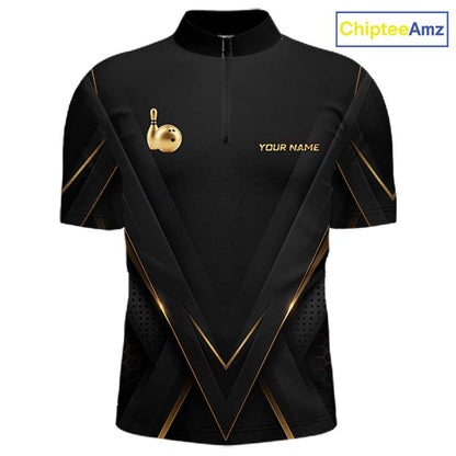 Custom Black Gold Bowling Jersey for Men Bowling Team Shirts Polo & 1/4 Zip Bowling League HNT474