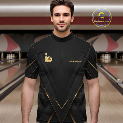 Custom Black Gold Bowling Jersey for Men Bowling Team Shirts Polo & 1/4 Zip Bowling League HNT474