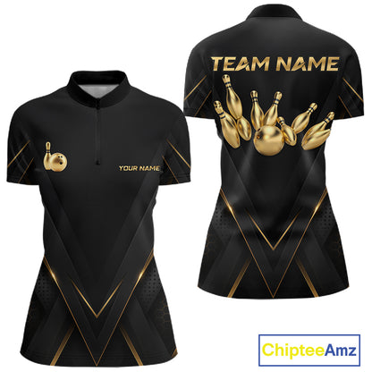 Custom Black Gold Bowling Jersey for Women Bowling Team Shirts Polo & 1/4 Zip Bowling League HNT474