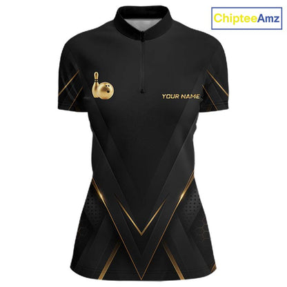Custom Black Gold Bowling Jersey for Women Bowling Team Shirts Polo & 1/4 Zip Bowling League HNT474
