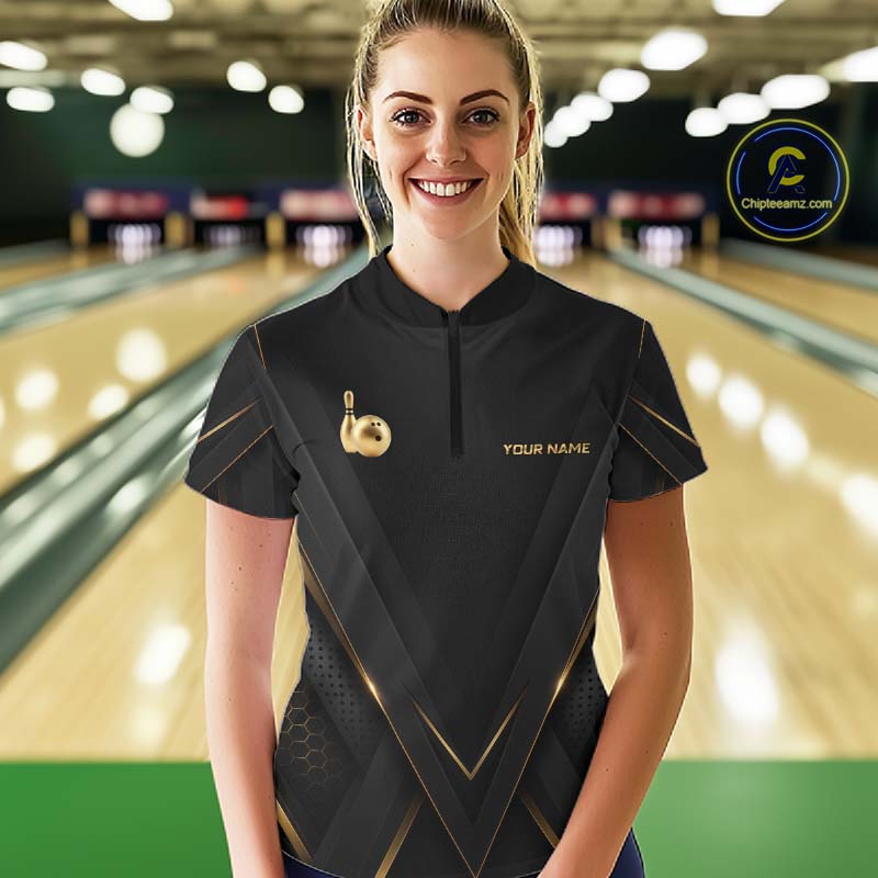 Custom Black Gold Bowling Jersey for Women Bowling Team Shirts Polo & 1/4 Zip Bowling League HNT474