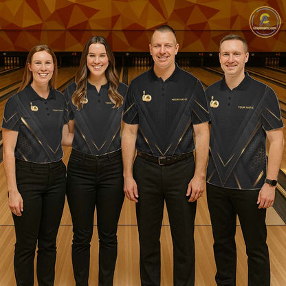 Custom Black Gold Bowling Jersey for Women Bowling Team Shirts Polo & 1/4 Zip Bowling League HNT474