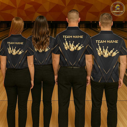 Custom Black Gold Bowling Jersey for Men Bowling Team Shirts Polo & 1/4 Zip Bowling League HNT474