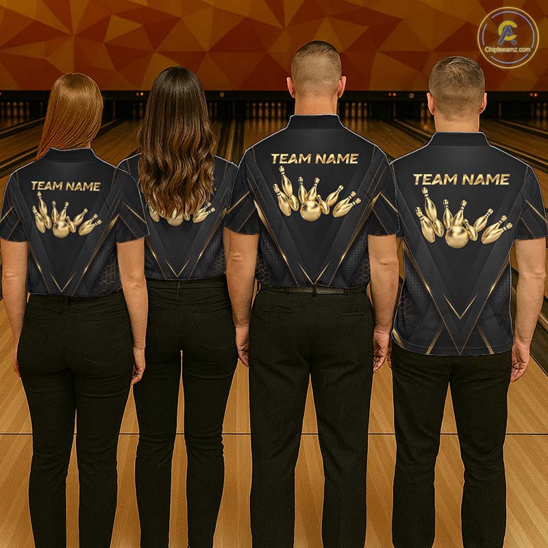 Custom Black Gold Bowling Jersey for Women Bowling Team Shirts Polo & 1/4 Zip Bowling League HNT474