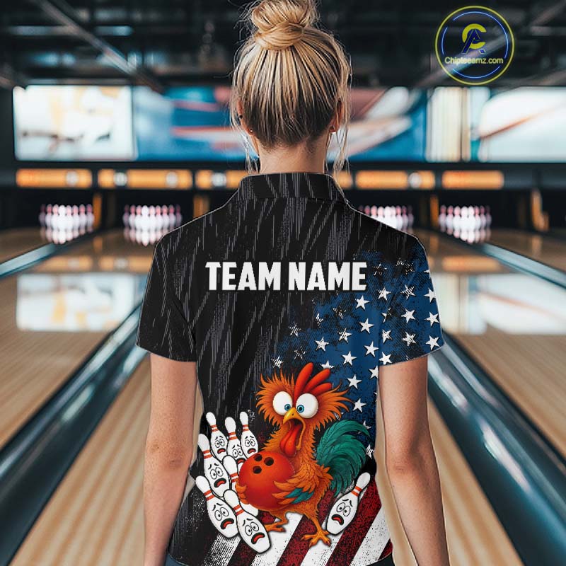 Custom American Flag Funny Chicken Bowling Jersey for Women Bowling Team Shirts Polo & 1/4 Zip HNT475