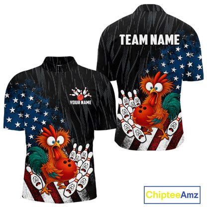 Custom American Flag Funny Chicken Bowling Jersey for Men Bowling Team Shirts Polo & 1/4 Zip HNT475