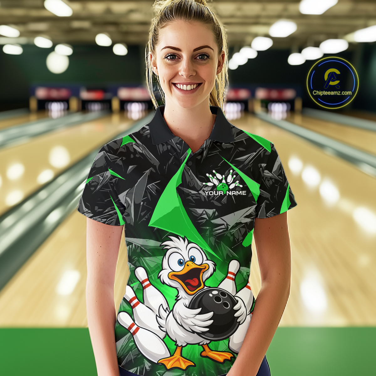 Custom Green Funny Duck Bowling Jersey for Women Bowling League Bowling Team Shirts Polo & 1/4 Zip HN233