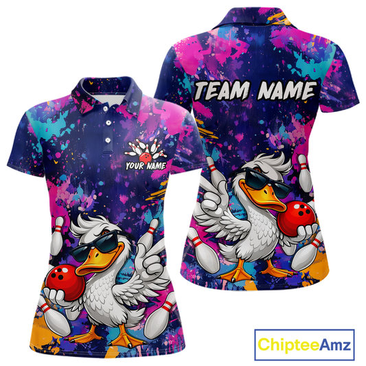 Custom Graffiti Funny Duck Bowling Jersey for Women Bowling League Bowling Team Shirts Polo & 1/4 Zip HN234