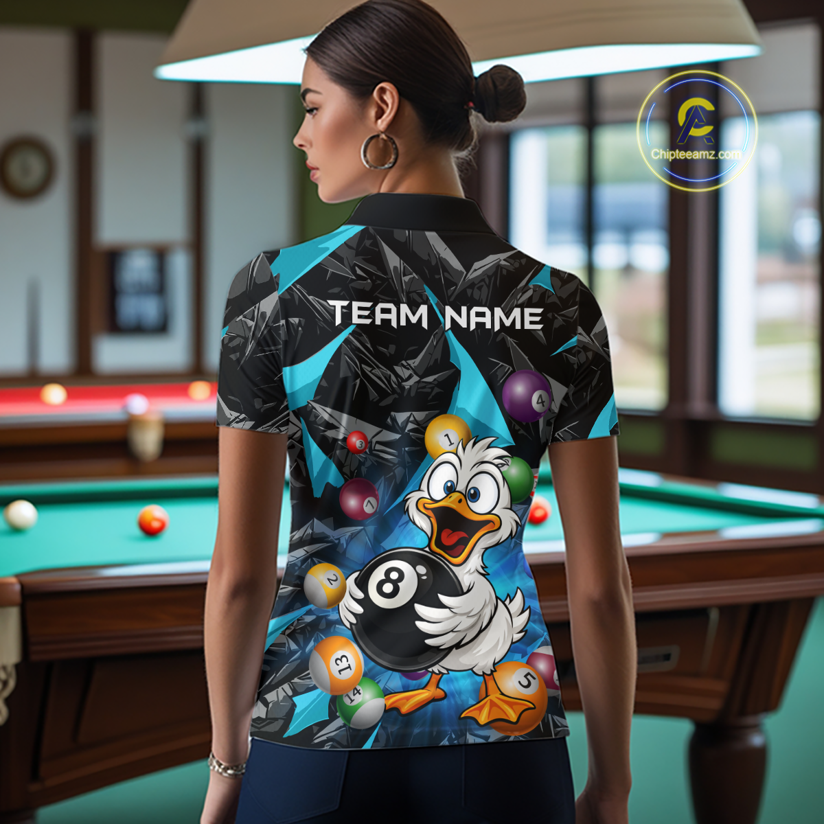 Custom Turquoise Funny Duck 8 Ball Pool Shirts Billiard Shirt for Women Billiard Team Jersey League NNT172