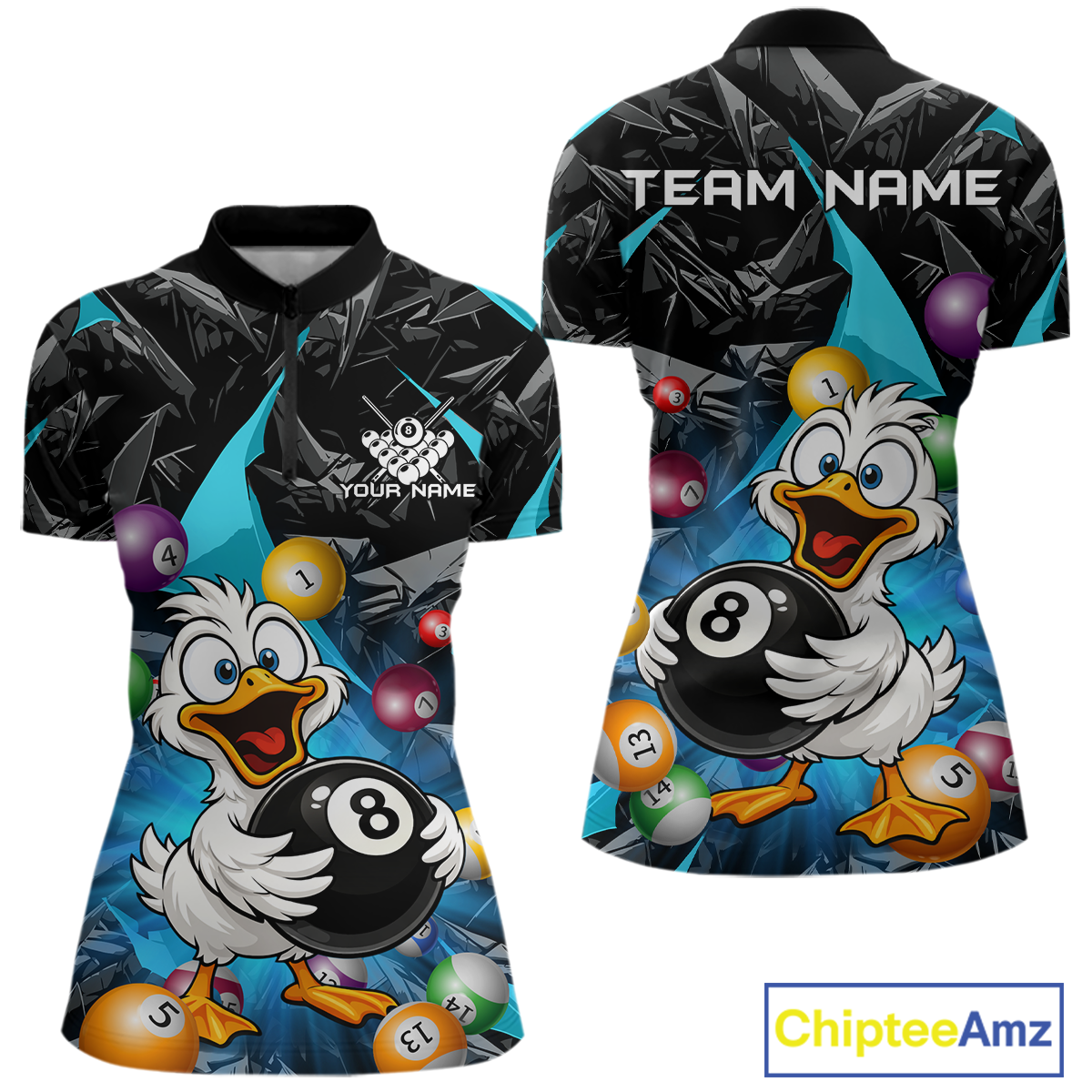 Custom Turquoise Funny Duck 8 Ball Pool Shirts Billiard Shirt for Women Billiard Team Jersey League NNT172