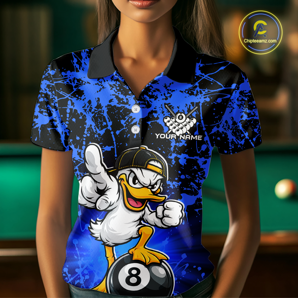 Custom Blue Funny Duck Billiard Shirt for Women Billiard Team Jersey League 8 Ball Pool Shirts NNT171