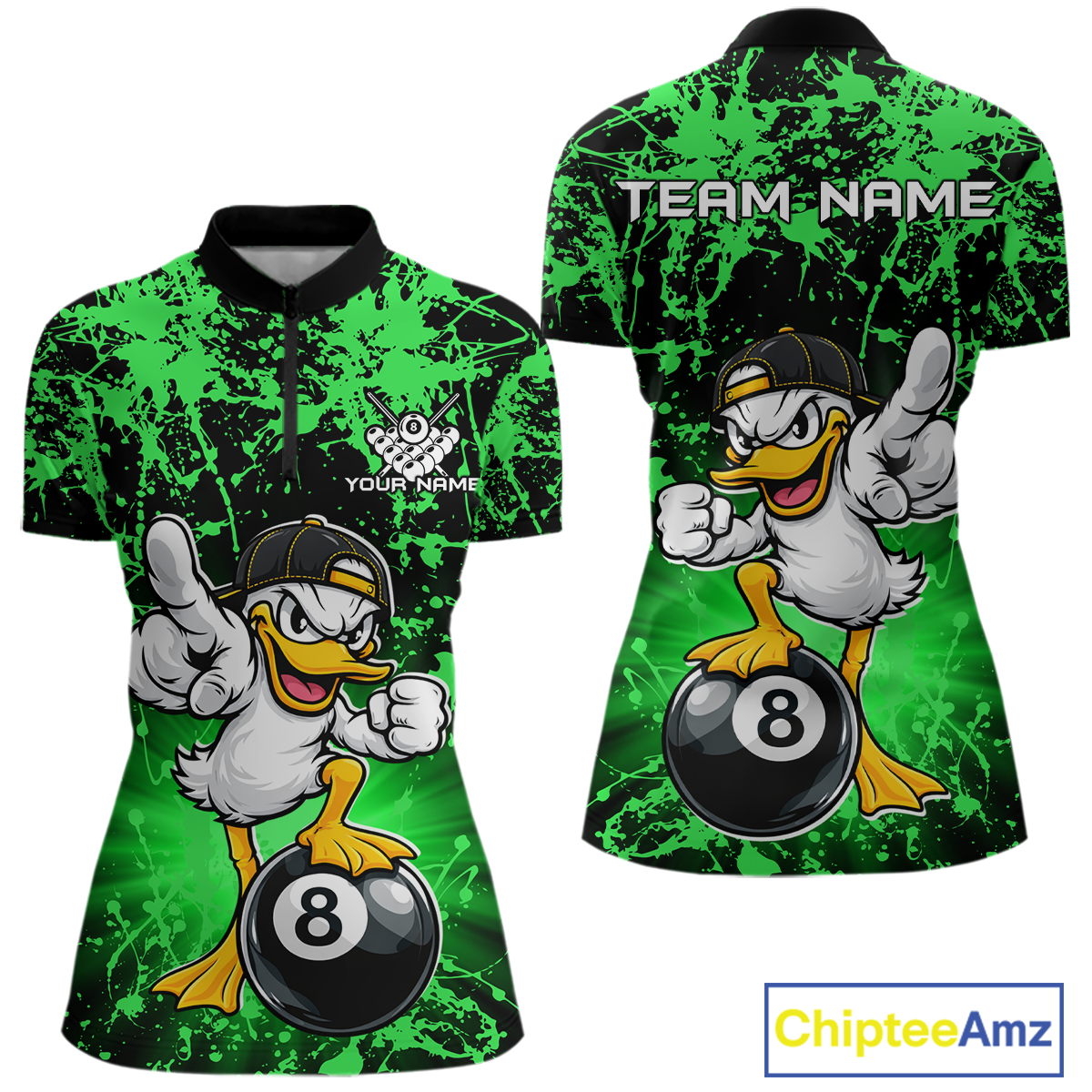 Custom Green Funny Duck Billiard Shirt for Women Billiard Team Jersey League 8 Ball Pool Shirts NNT171