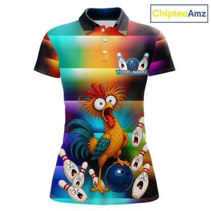 Front views of a colorful bowling polo featuring a shocked rooster chicken, blue bowling ball, surprised pins, and custom team and your text.