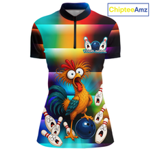 Load image into Gallery viewer, Front views of a colorful bowling quarter zip featuring a shocked rooster chicken, blue bowling ball, surprised pins, and custom team and your text.