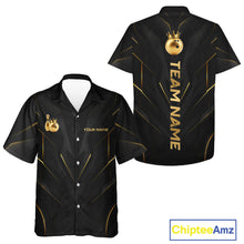 Load image into Gallery viewer, Front and back view personalized bowling hawaiin shirt with a crowned bowling ball accent paired with gold line patterns across a black layout.