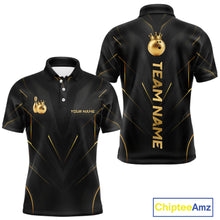 Load image into Gallery viewer, Front and back view personalized bowling polo shirt with a crowned bowling ball accent paired with gold line patterns across a black layout.