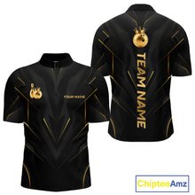 Load image into Gallery viewer, Front and back view personalized bowling quarter zip shirt with a crowned bowling ball accent paired with gold line patterns across a black layout.