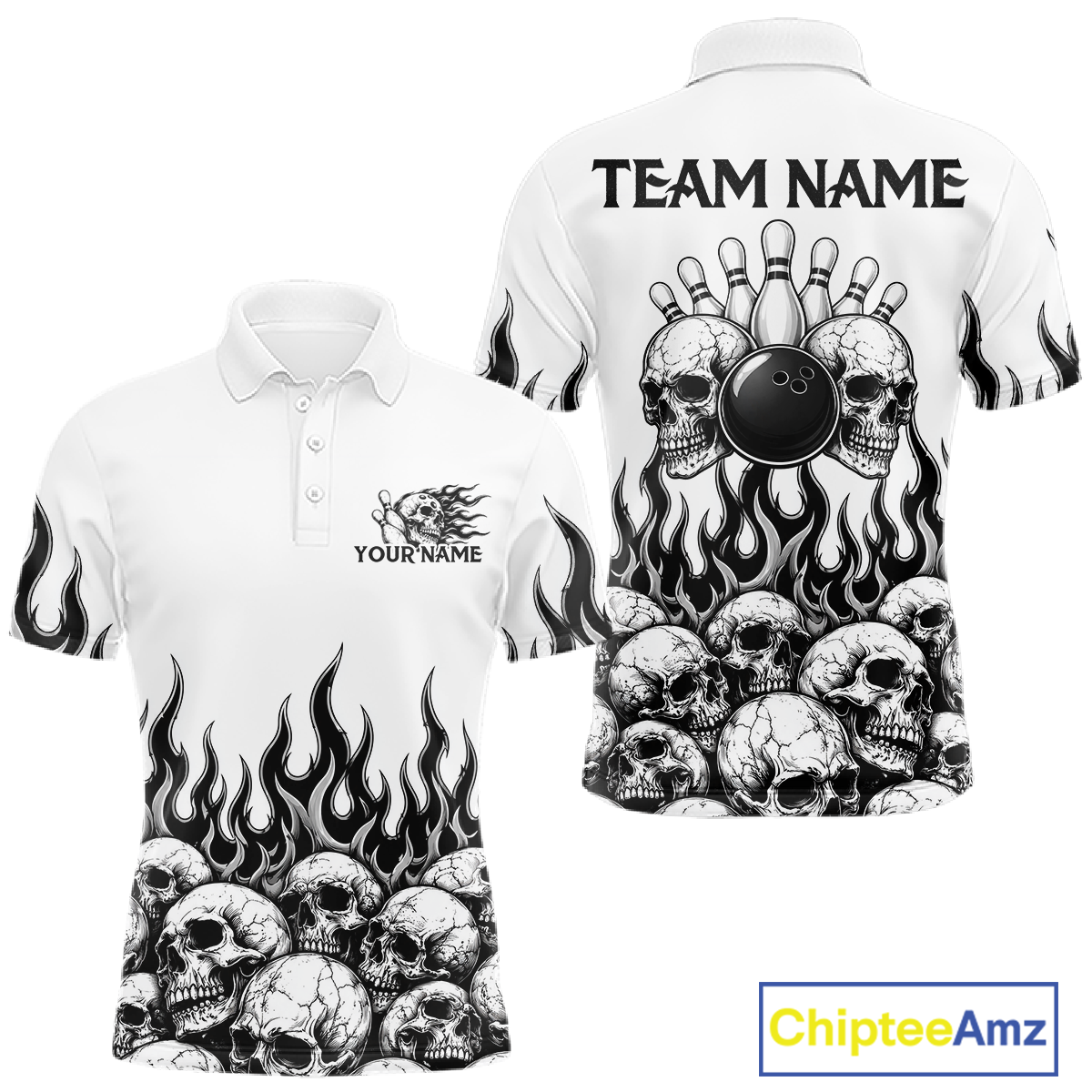 Custom Skull Flame Bowling Jersey for Men Bowling Team Shirts Bowling League Polo & 1/4 Zip HNT305