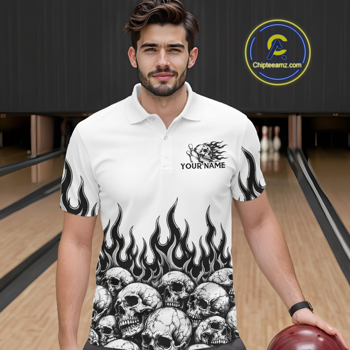 Custom Skull Flame Bowling Jersey for Men Bowling Team Shirts Bowling League Polo & 1/4 Zip HNT305
