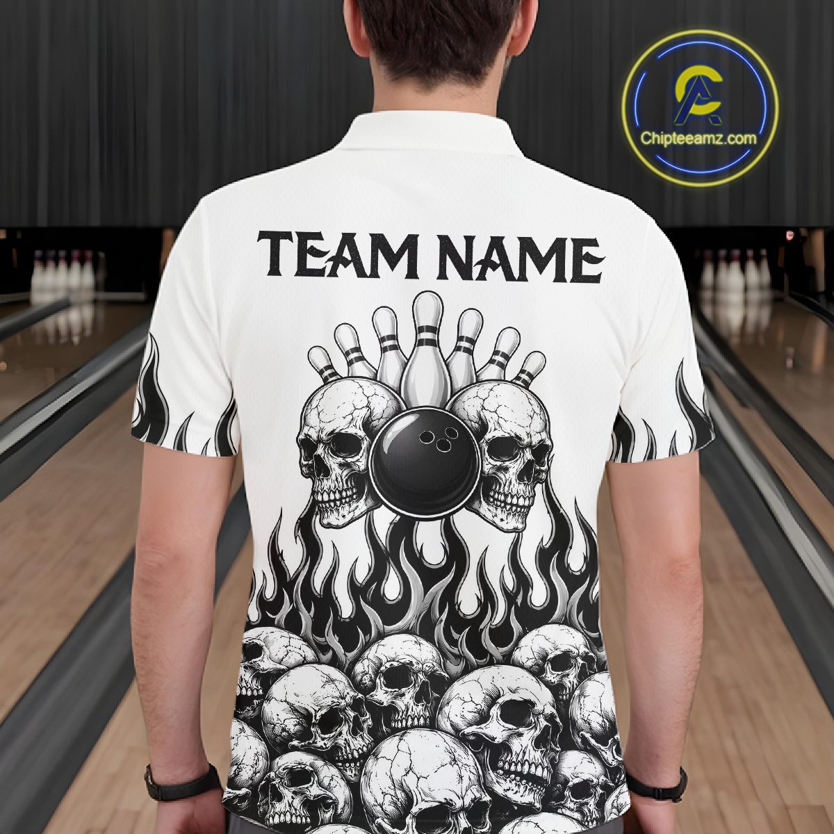 Custom Skull Flame Bowling Jersey for Men Bowling Team Shirts Bowling League Polo & 1/4 Zip HNT305
