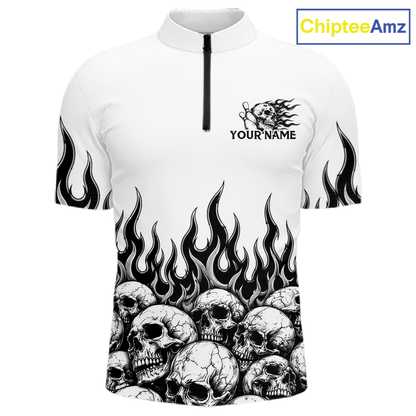 Custom Skull Flame Bowling Jersey for Men Bowling Team Shirts Bowling League Polo & 1/4 Zip HNT305