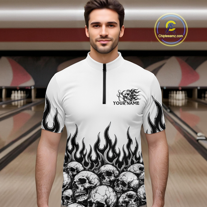 Custom Skull Flame Bowling Jersey for Men Bowling Team Shirts Bowling League Polo & 1/4 Zip HNT305