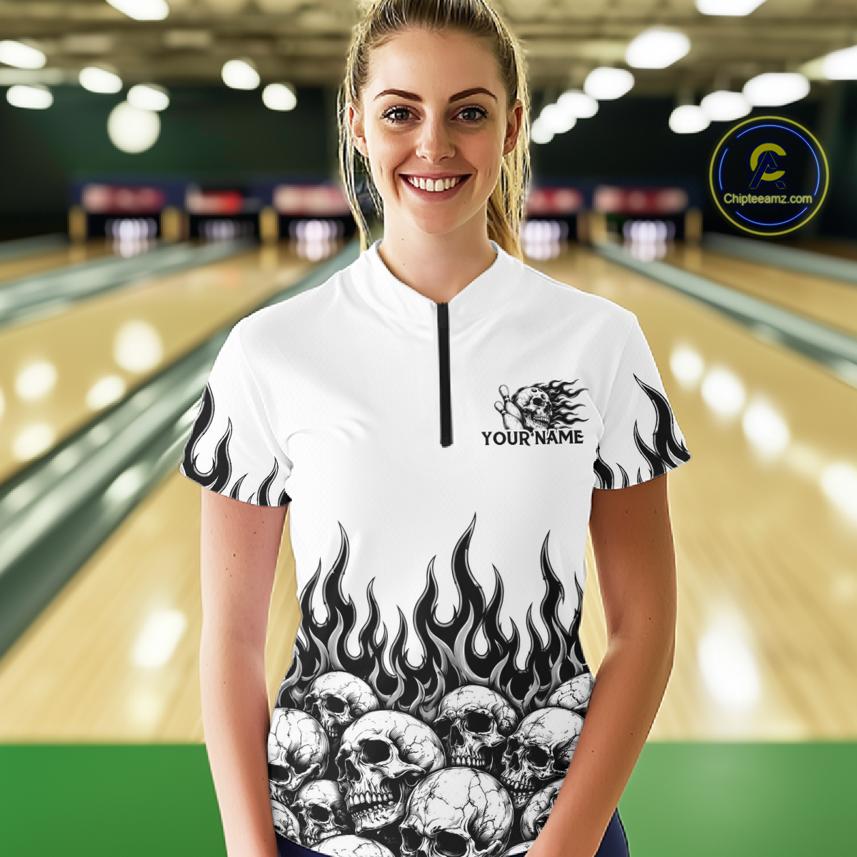 Custom Skull Flame Bowling Jersey for Women Bowling Team Shirts Bowling League Polo & 1/4 Zip HNT305