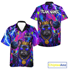 Load image into Gallery viewer, Front and back view personalized bowling hawaiin shirt with a crowned dog holding a bowling ball, surrounded by paint effects and bold graphic patterns.