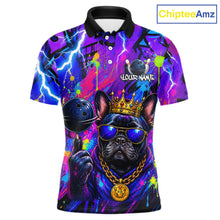 Load image into Gallery viewer, Front view personalized bowling polo shirt with a crowned bulldog holding a bowling ball, surrounded by paint effects and bold graphic patterns.