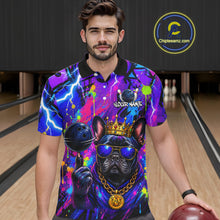 Load image into Gallery viewer, Men wearing personalized bowling polo shirt with a crowned bulldog holding a bowling ball, surrounded by paint effects and bold graphic patterns.