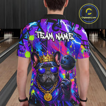 Load image into Gallery viewer, Men wearing personalized bowling polo shirt with a crowned bulldog holding a bowling ball, surrounded by paint effects and bold graphic patterns.