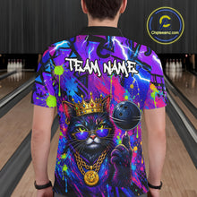 Load image into Gallery viewer, Men wearing personalized bowling polo shirt with a crowned cat holding a bowling ball, blended with colorful paint strokes and graphic patterns.